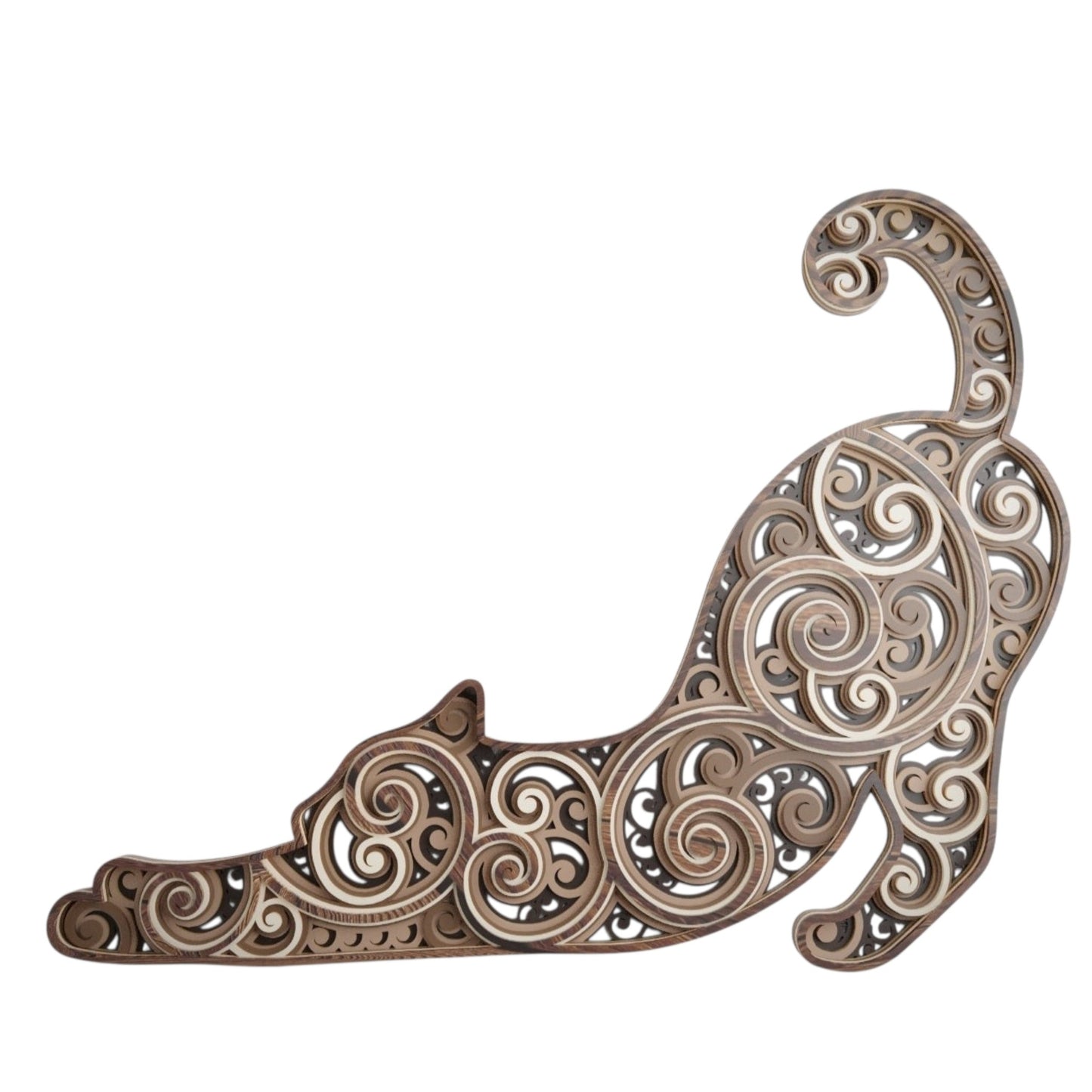 Mandala stretching cat wooden layered wall art