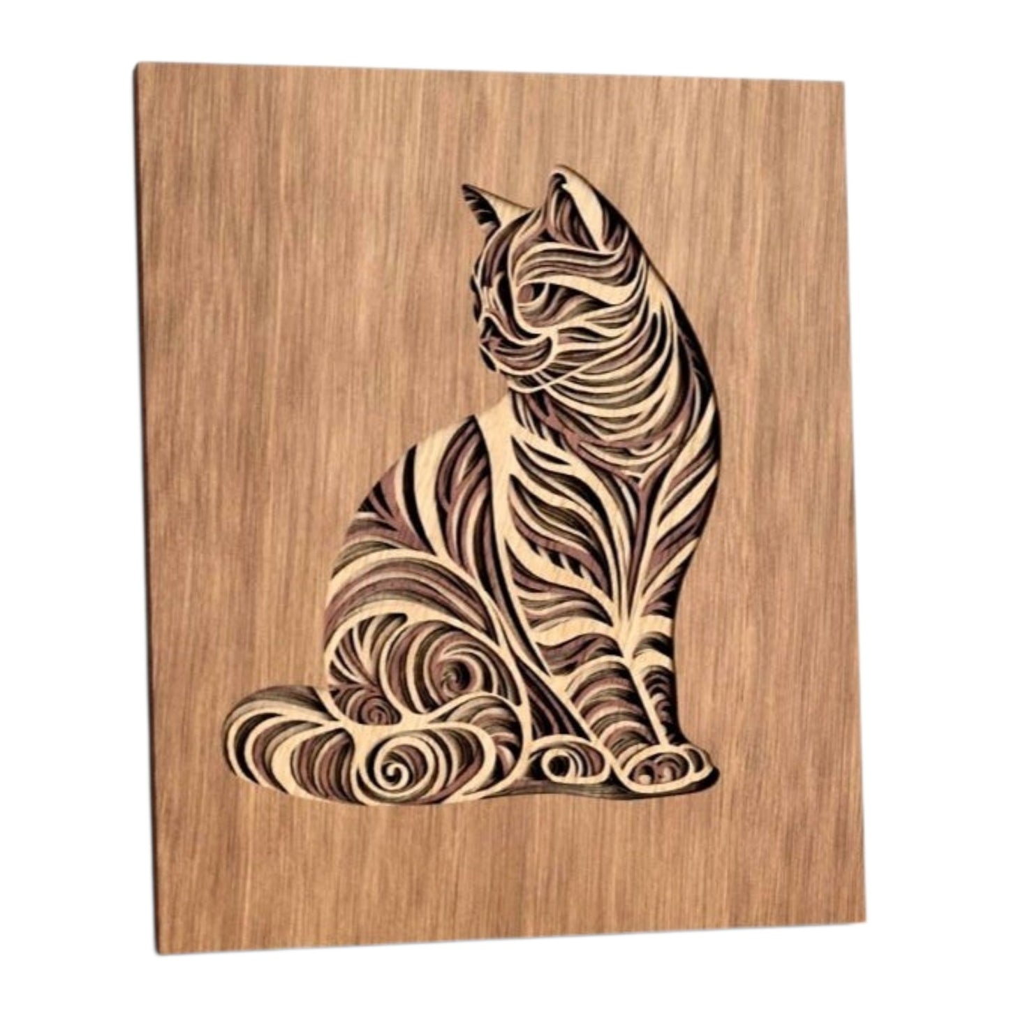 Inlaid cat wooden layered wall art