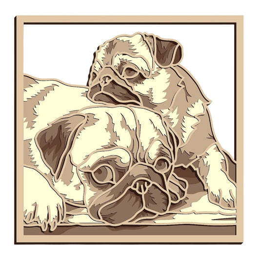 Cuddling pugs wooden layered wall art