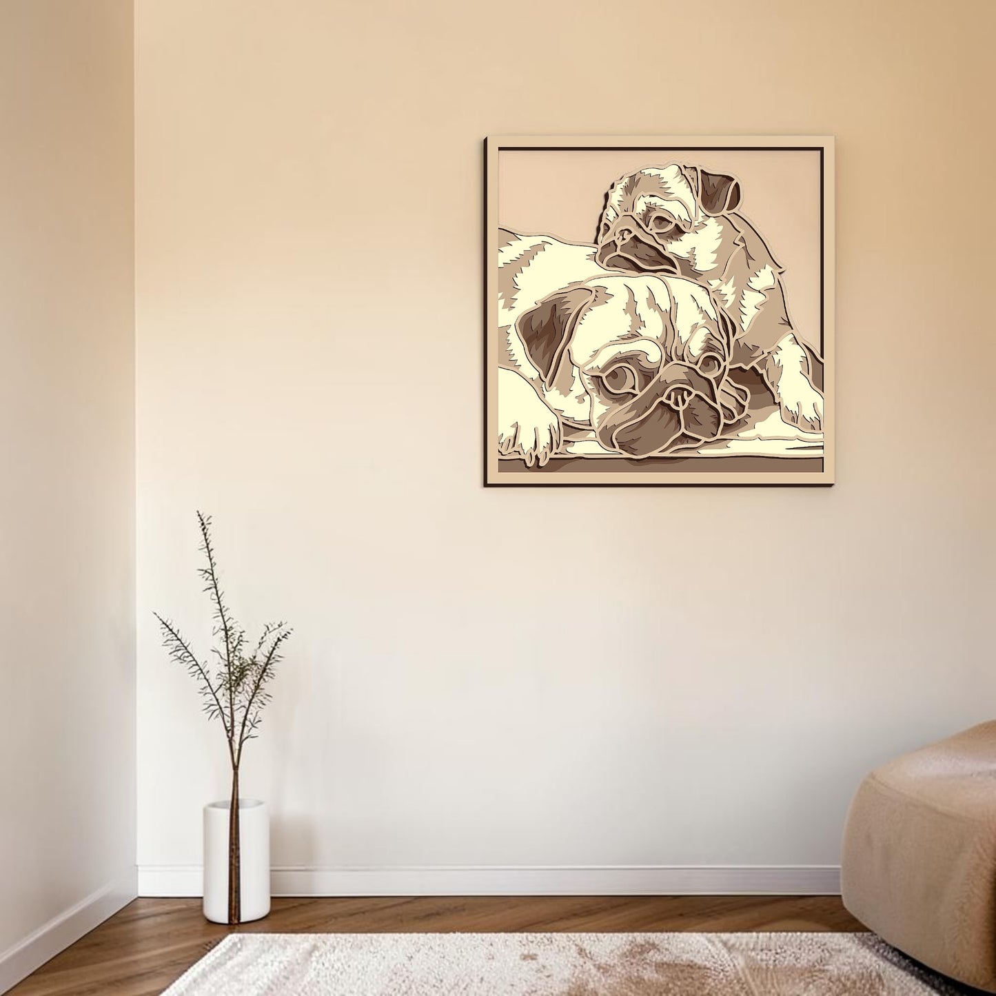Cuddling pugs wooden layered wall art