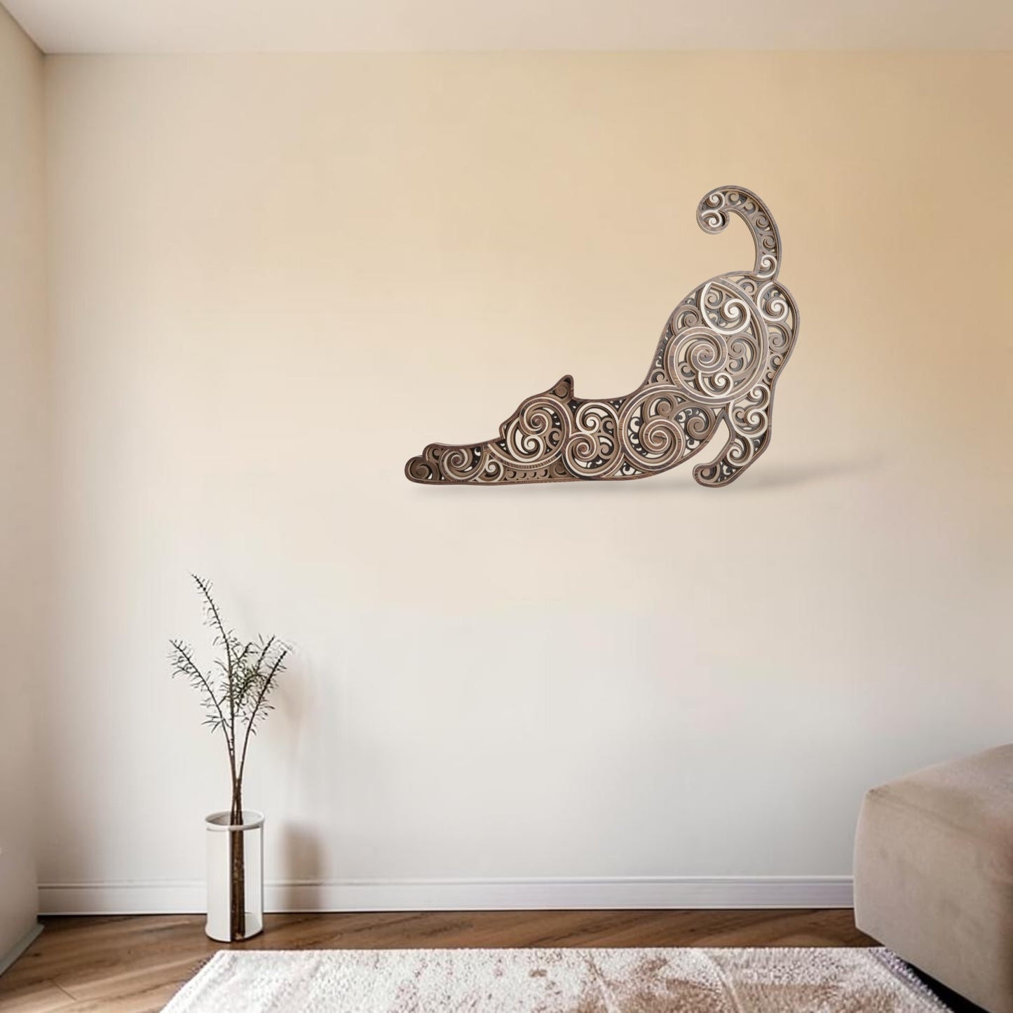 Mandala stretching cat wooden layered wall art