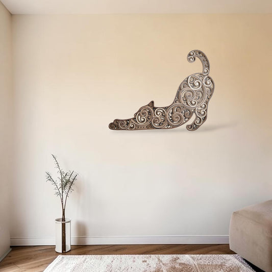 Mandala stretching cat wooden layered wall art